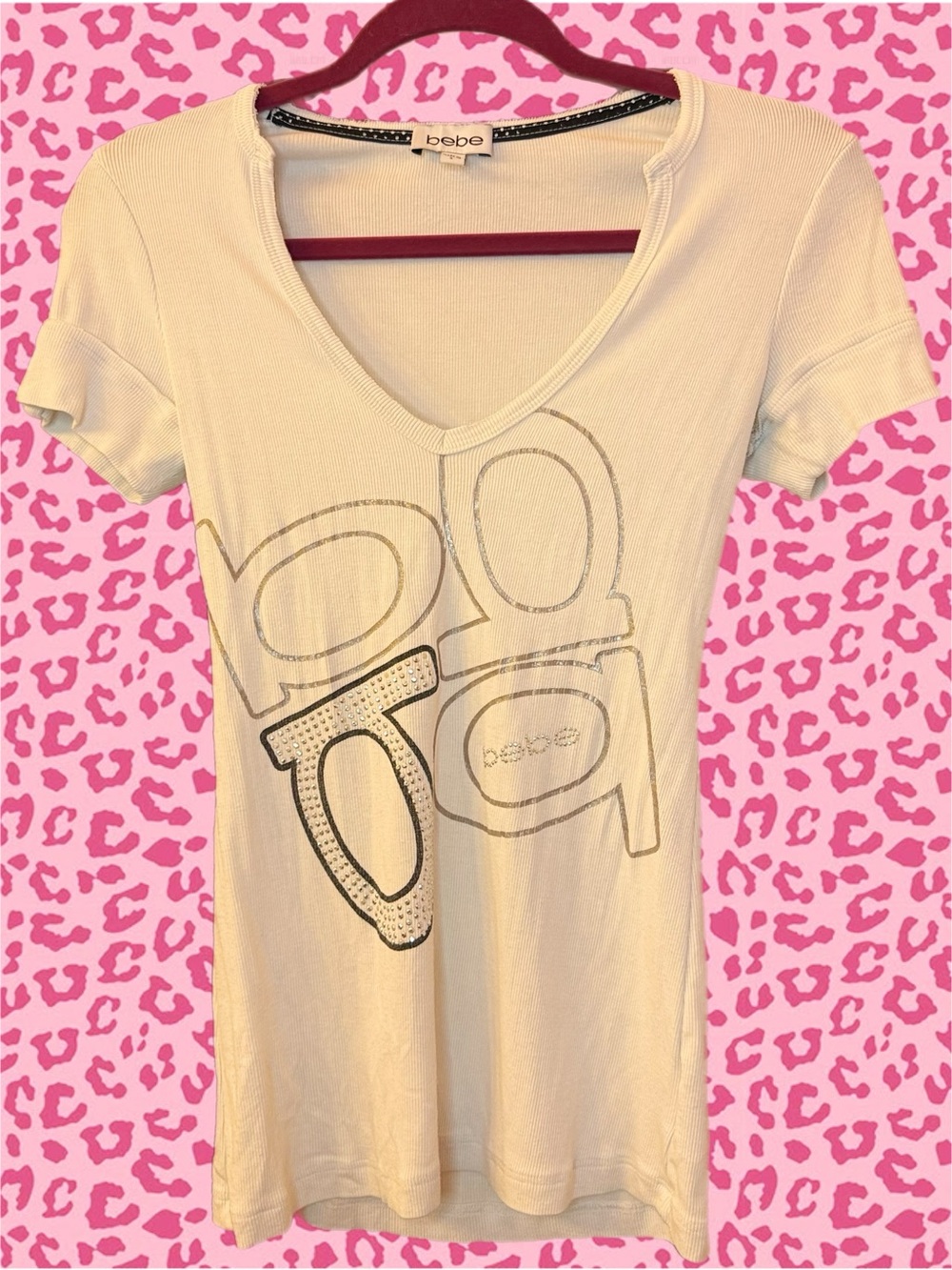 BEBE Cream Bedazzled Logo V-Neck